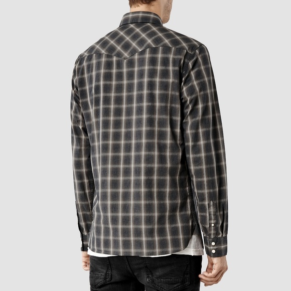 AllSaints Men's Gray Frontier Shirt Plaid Snap Dow - Picture 5 of 8